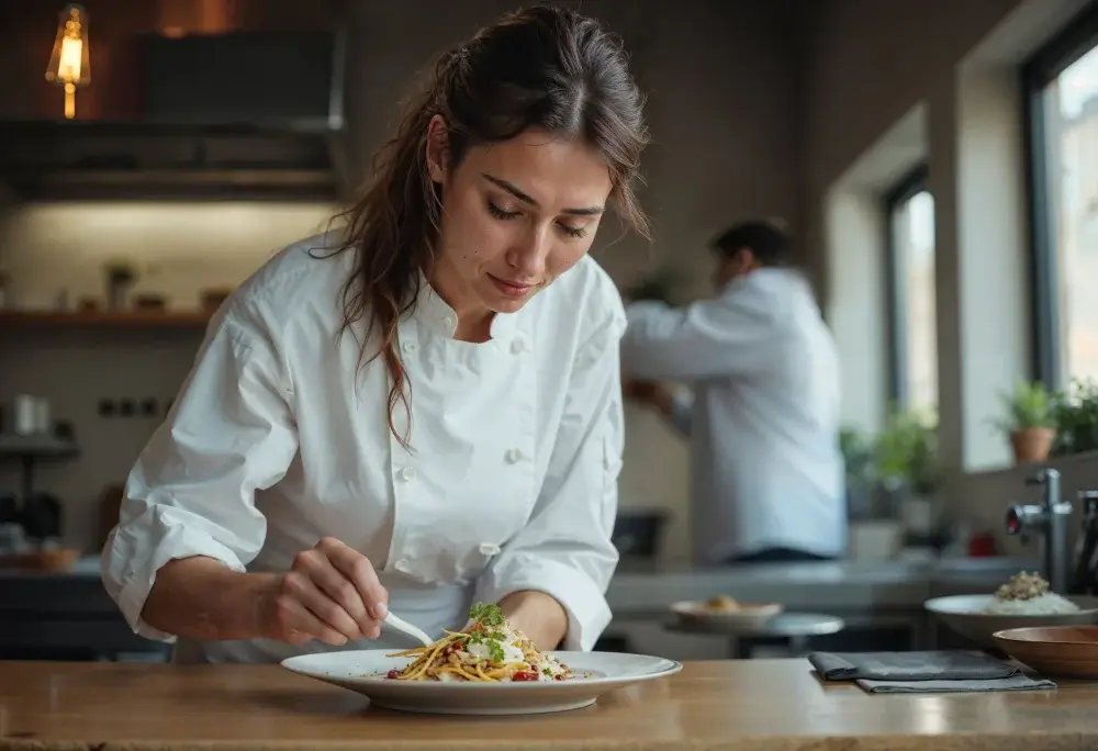 Chef Plating Dish A female chef in a white chef's coat carefully garnishing a plate of pasta with tongs, with another chef blurred in the background.