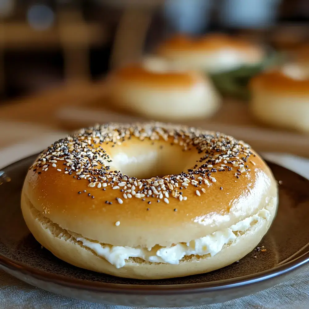 Everything Bagel with Cream Cheese A close-up shot of a golden-brown everything bagel, sliced and generously filled with white cream cheese, resting on a dark brown plate.