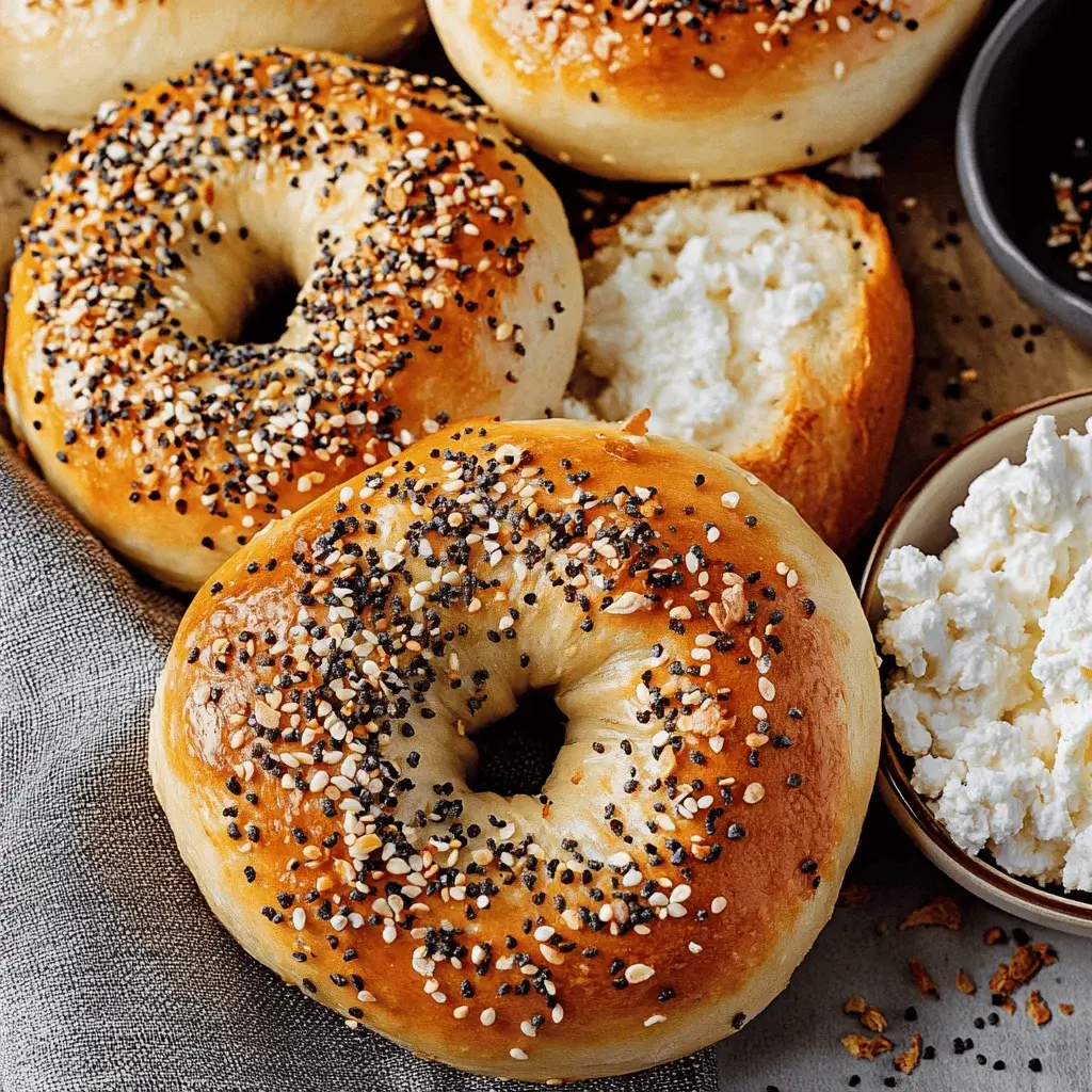 A close-up overhead shot of several golden-brown bagels, generously topped with everything seasoning, arranged on a grey cloth and baking paper. One bagel is sliced open revealing a creamy filling, and a bowl of cottage cheese is visible nearby.