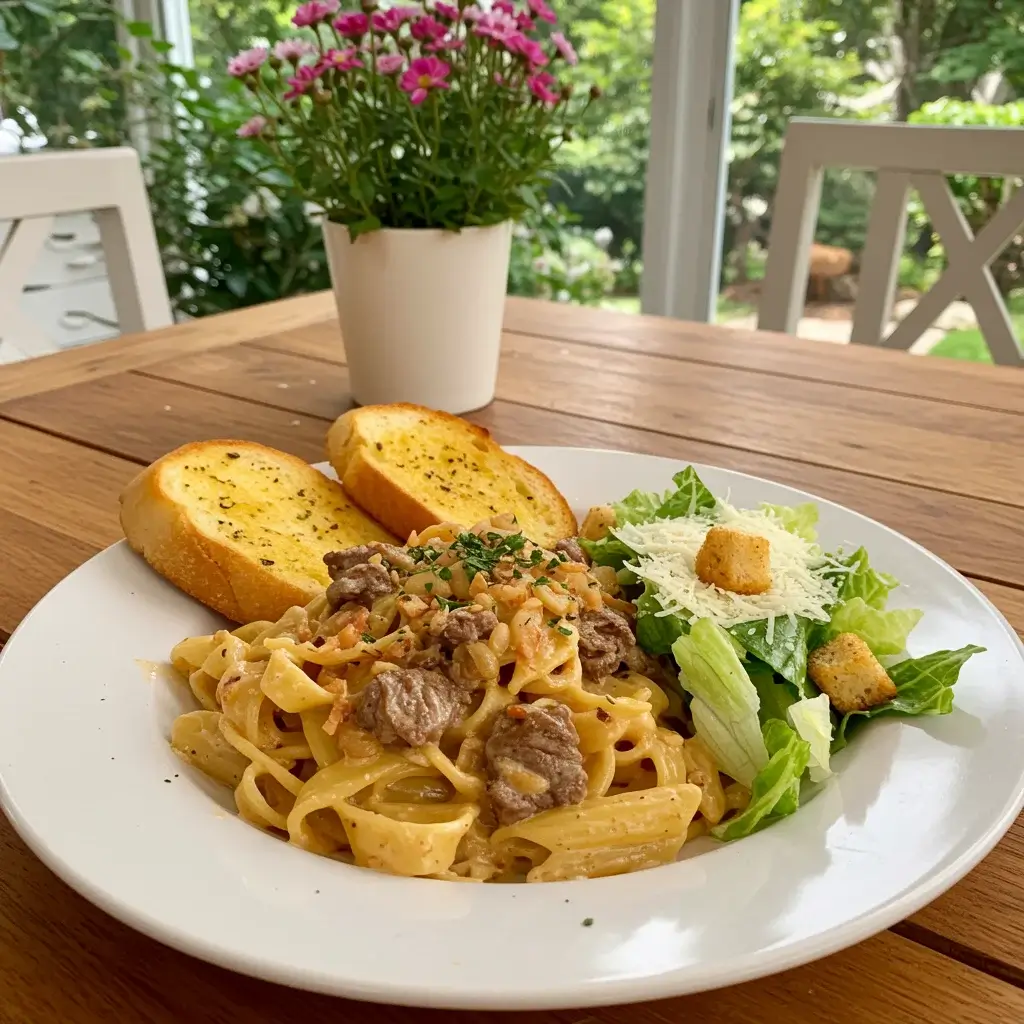 creamy-beef-pasta-meal-pairing. Full creamy beef and garlic butter pasta meal with sides