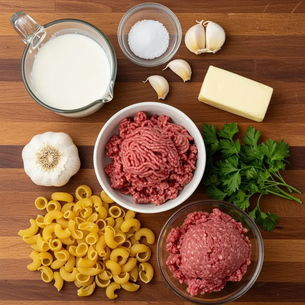 creamy-pasta-ingredients-top-view Ingredients for creamy beef and garlic butter pasta