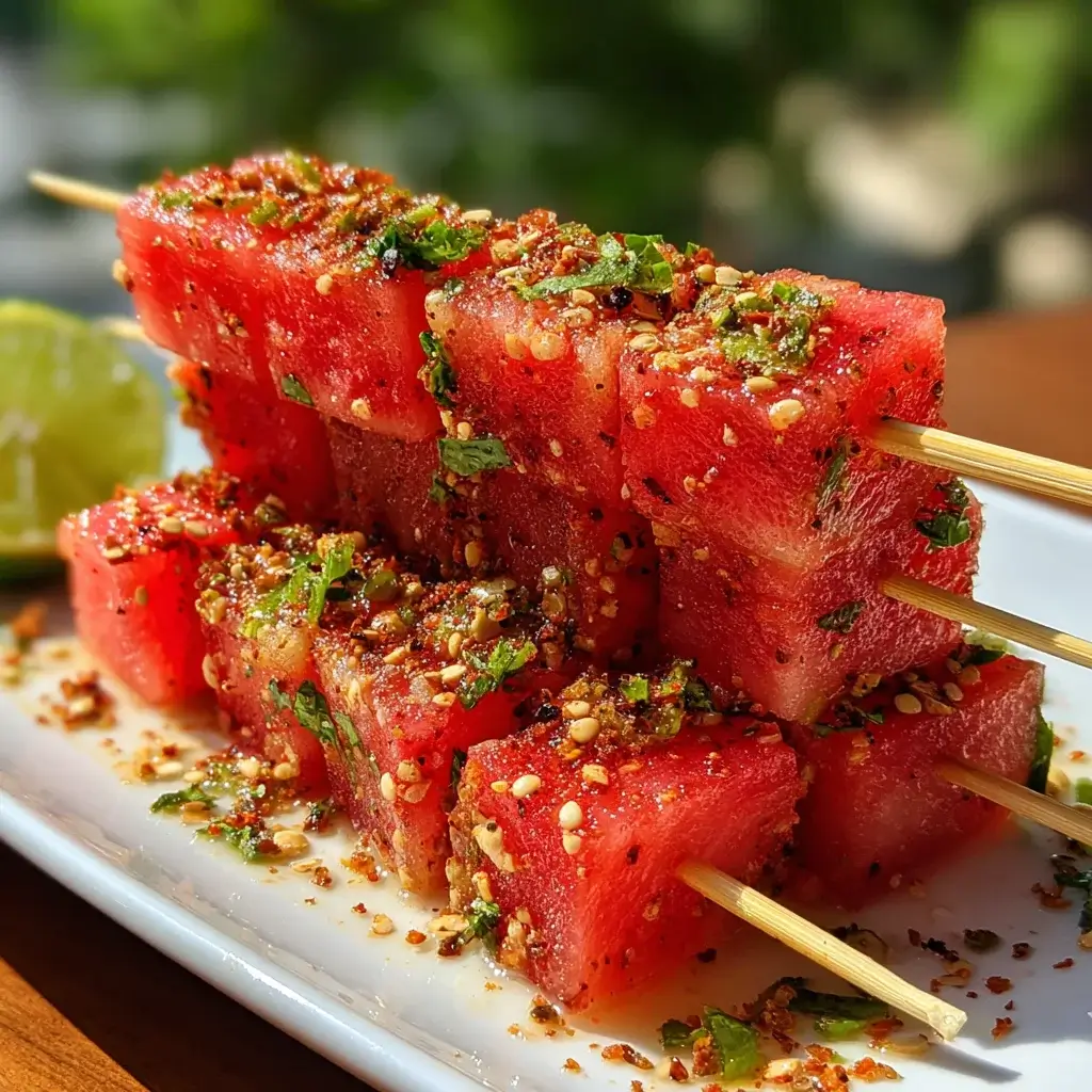 watermelon-tajin-skewers-featured Watermelon Tajín Skewers on white plate with chili lime